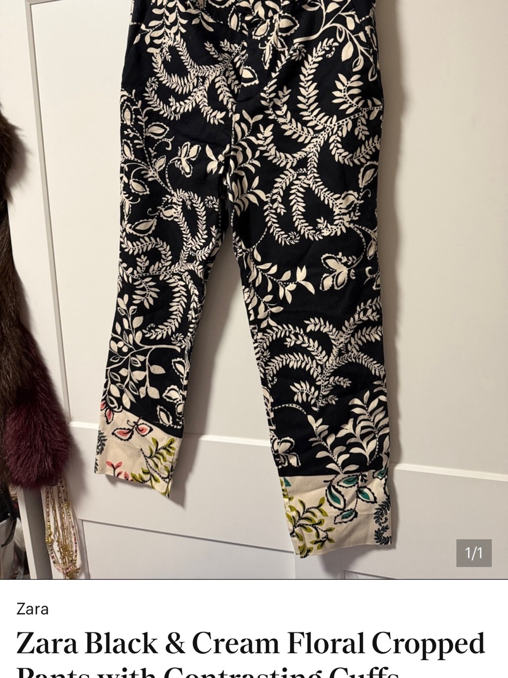 Zara Black and Cream Floral Crop Pants with Embroidered Cuffs